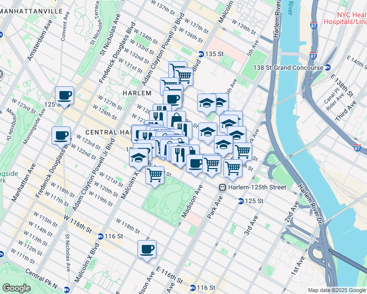 map of restaurants, bars, coffee shops, grocery stores, and more near 23 West 125th Street in New York