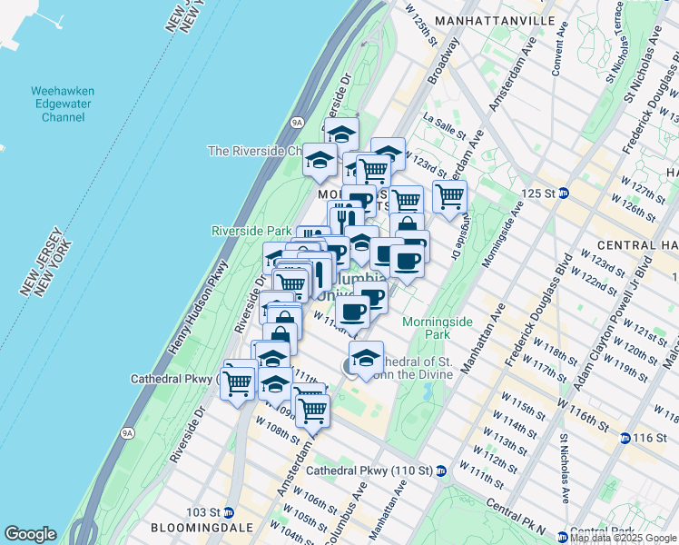 map of restaurants, bars, coffee shops, grocery stores, and more near 2960 Broadway in New York