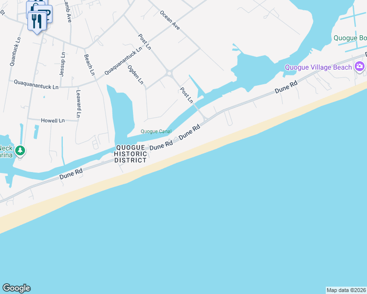 map of restaurants, bars, coffee shops, grocery stores, and more near 100 Dune Road in Westhampton Beach