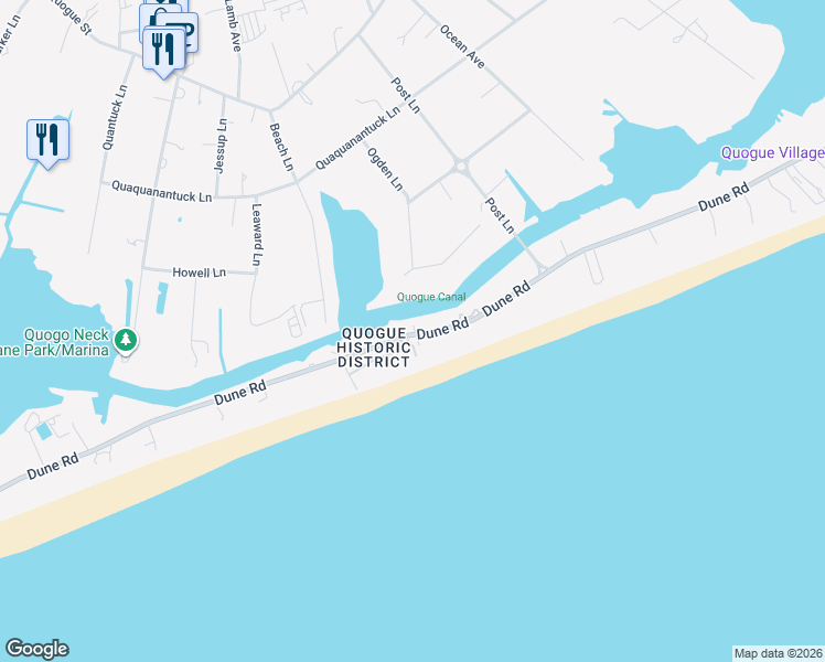 map of restaurants, bars, coffee shops, grocery stores, and more near 79 Dune Road in Westhampton Beach