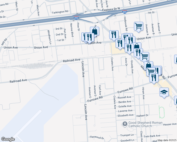 map of restaurants, bars, coffee shops, grocery stores, and more near Avenue East & 2nd Street in Holbrook