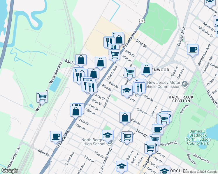 map of restaurants, bars, coffee shops, grocery stores, and more near 1604 82nd Street in North Bergen