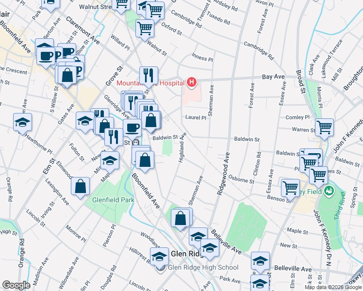 map of restaurants, bars, coffee shops, grocery stores, and more near 84 Highland Avenue in Glen Ridge