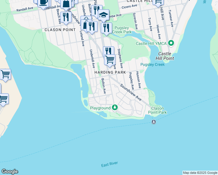 map of restaurants, bars, coffee shops, grocery stores, and more near 108 Bolton Avenue in Bronx