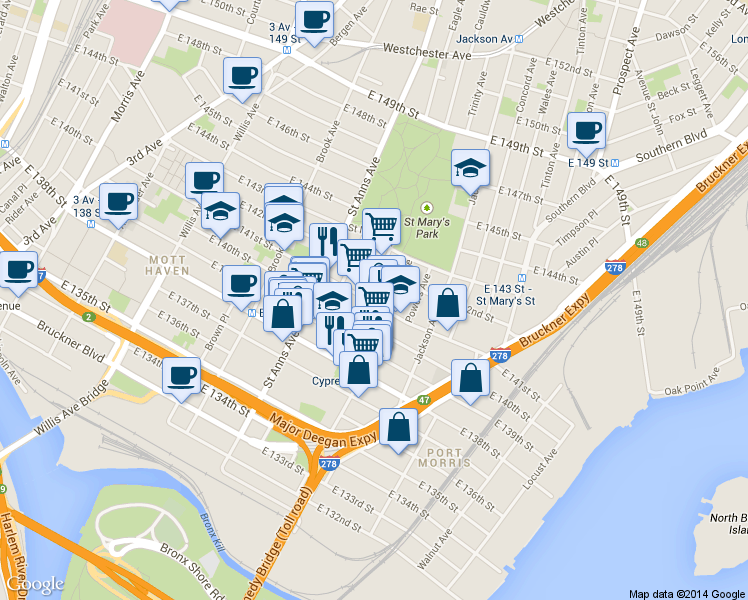 map of restaurants, bars, coffee shops, grocery stores, and more near 626 East 141st Street in Bronx