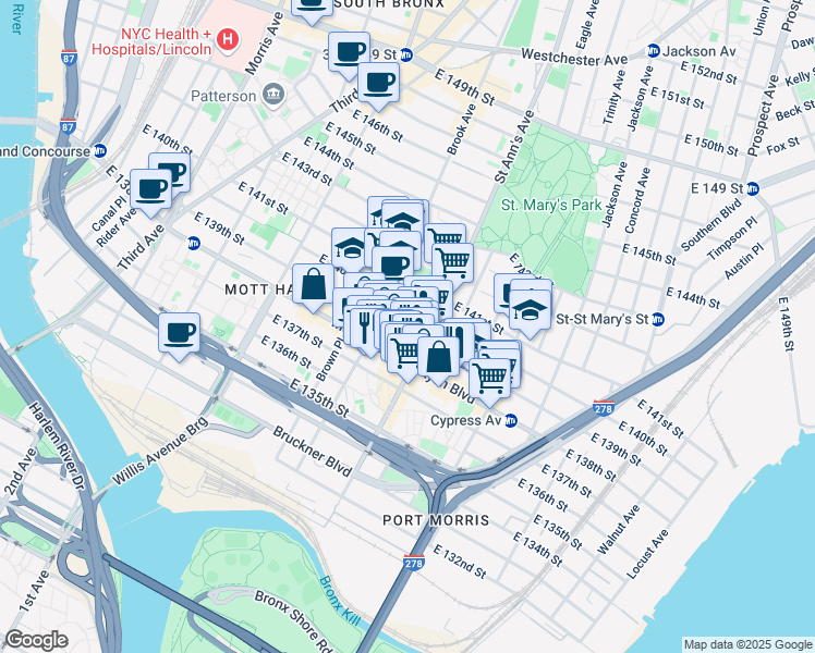 map of restaurants, bars, coffee shops, grocery stores, and more near in The Bronx