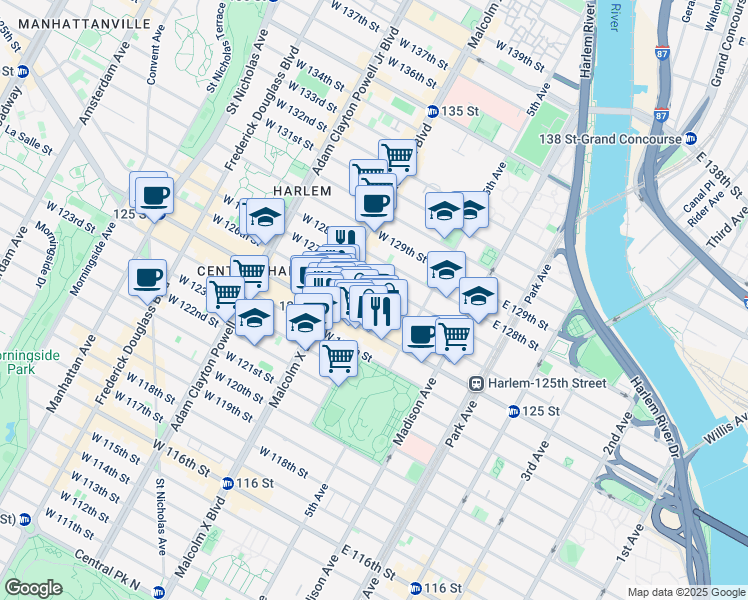 map of restaurants, bars, coffee shops, grocery stores, and more near 55 West 125th Street in New York