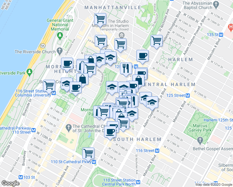 map of restaurants, bars, coffee shops, grocery stores, and more near 50 Morningside Avenue in New York