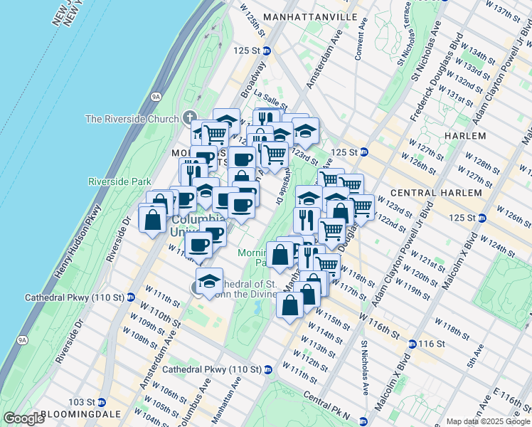 map of restaurants, bars, coffee shops, grocery stores, and more near 74 Morningside Drive in New York