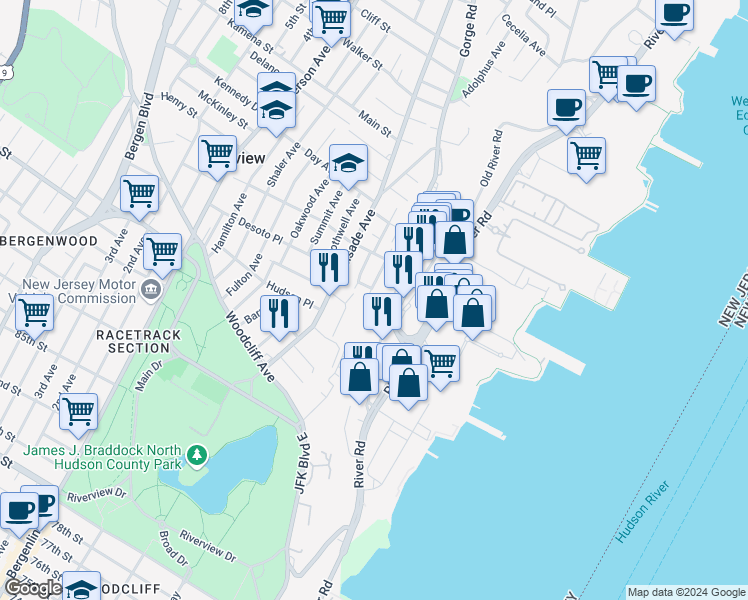 map of restaurants, bars, coffee shops, grocery stores, and more near 114 Pine Street in Cliffside Park