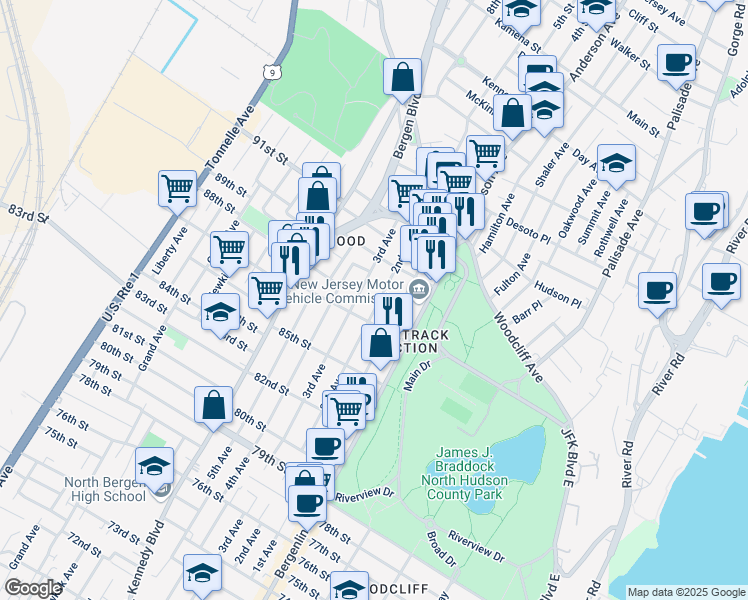 map of restaurants, bars, coffee shops, grocery stores, and more near in North Bergen