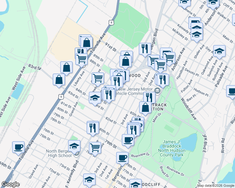 map of restaurants, bars, coffee shops, grocery stores, and more near 8610 John F Kennedy Boulevard West in North Bergen