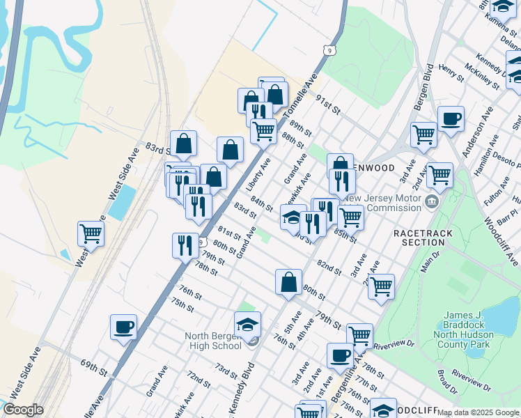 map of restaurants, bars, coffee shops, grocery stores, and more near 1419 83rd Street in North Bergen