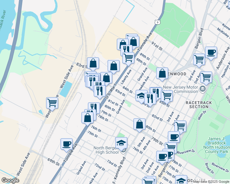 map of restaurants, bars, coffee shops, grocery stores, and more near 1604 82nd Street in North Bergen