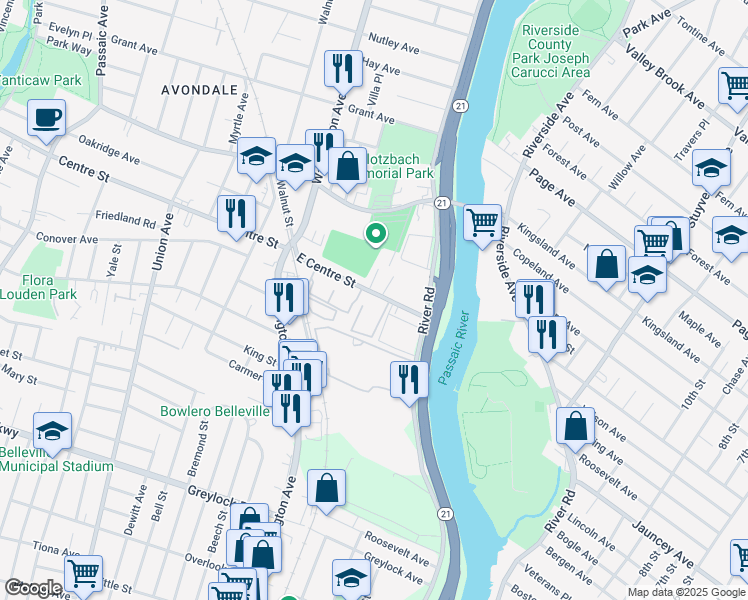 map of restaurants, bars, coffee shops, grocery stores, and more near 29 East Centre Street in Nutley