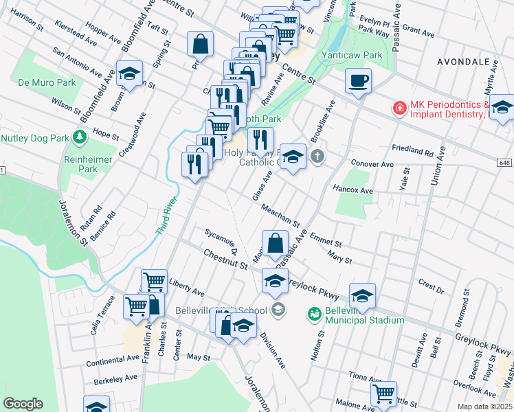 map of restaurants, bars, coffee shops, grocery stores, and more near 63-65 Newark Avenue in Belleville