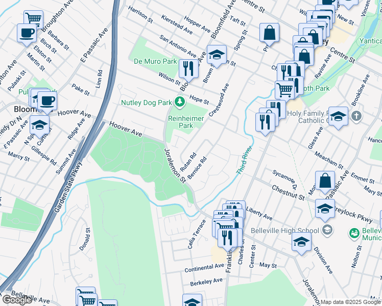 map of restaurants, bars, coffee shops, grocery stores, and more near 2 Crestwood Avenue in Belleville