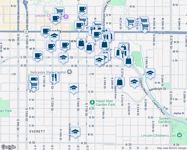 map of restaurants, bars, coffee shops, grocery stores, and more near 623 South 18th Street in Lincoln