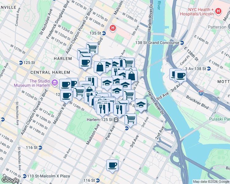 map of restaurants, bars, coffee shops, grocery stores, and more near 2002 Madison Avenue in New York