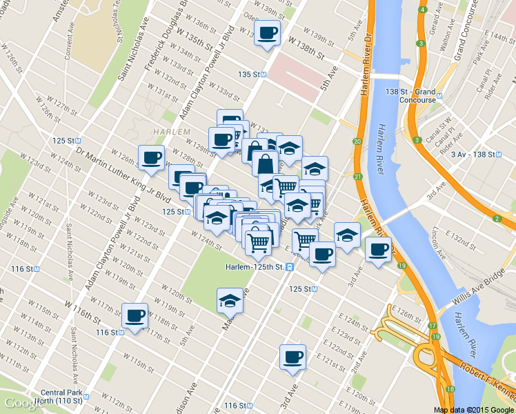 map of restaurants, bars, coffee shops, grocery stores, and more near 2067 5th Ave in New York