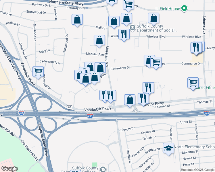 map of restaurants, bars, coffee shops, grocery stores, and more near 442 Moreland Road in Commack