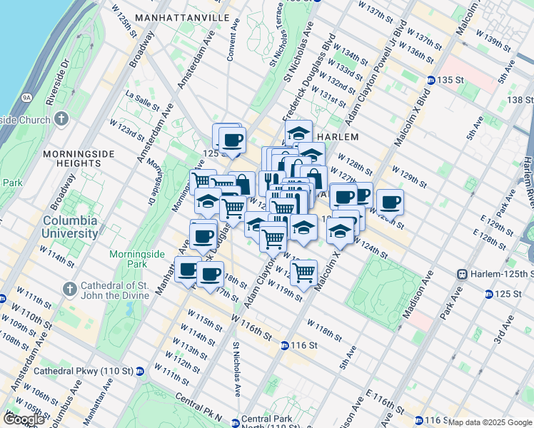 map of restaurants, bars, coffee shops, grocery stores, and more near 2046 Adam Clayton Powell Junior Boulevard in New York