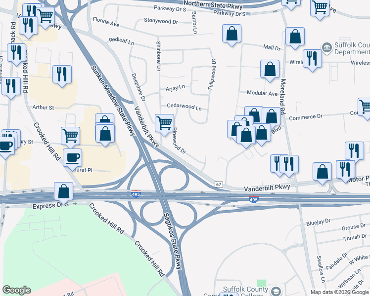 map of restaurants, bars, coffee shops, grocery stores, and more near 35 Pinewood Drive in Commack