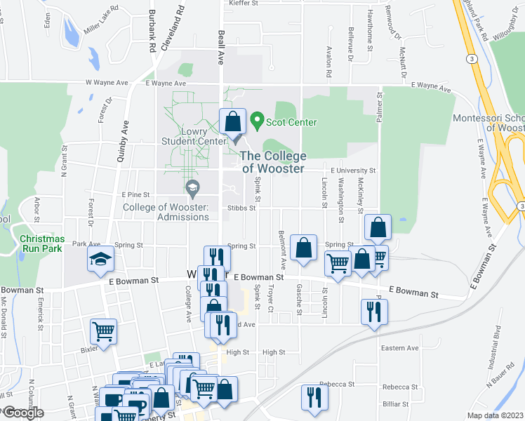 map of restaurants, bars, coffee shops, grocery stores, and more near 819 Spink Street in Wooster