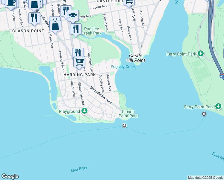map of restaurants, bars, coffee shops, grocery stores, and more near 104 Cove Court in Bronx