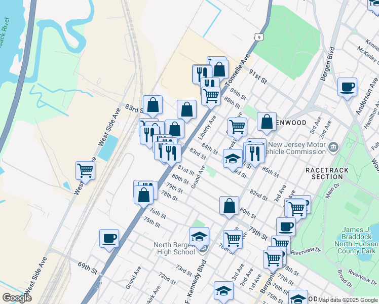 map of restaurants, bars, coffee shops, grocery stores, and more near 1604 82nd Street in North Bergen