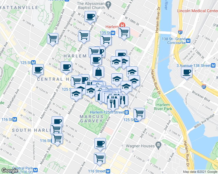 map of restaurants, bars, coffee shops, grocery stores, and more near 2064 5th Avenue in New York