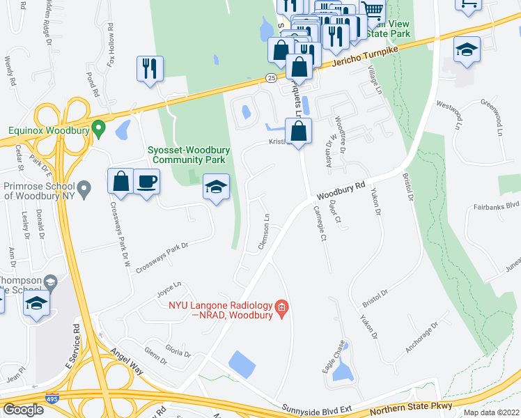 map of restaurants, bars, coffee shops, grocery stores, and more near 15 Clemson Lane in Woodbury