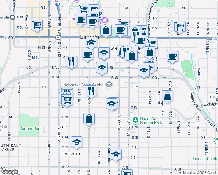 map of restaurants, bars, coffee shops, grocery stores, and more near 1445 K Street in Lincoln