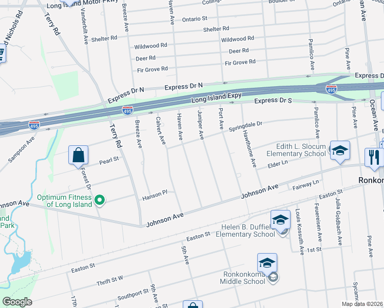 map of restaurants, bars, coffee shops, grocery stores, and more near 77 Haven Avenue in Ronkonkoma