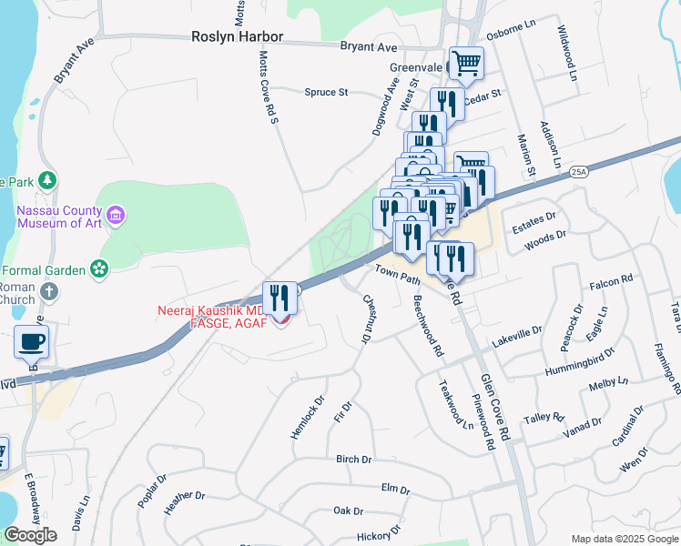 map of restaurants, bars, coffee shops, grocery stores, and more near 2498 Northern Boulevard in Greenvale