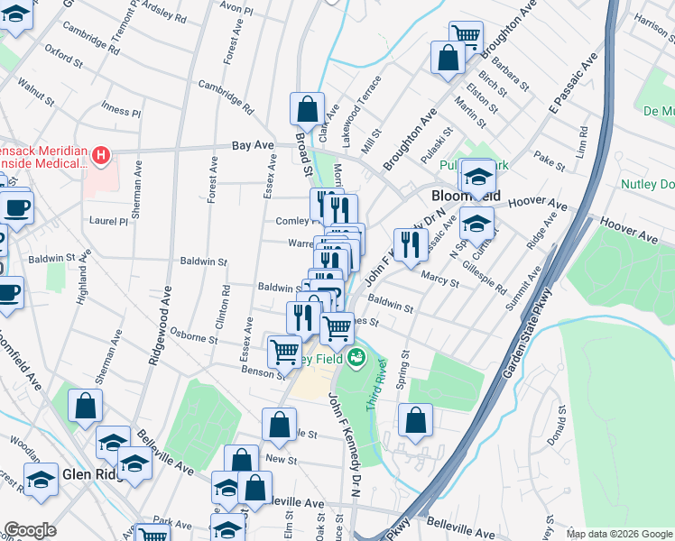 map of restaurants, bars, coffee shops, grocery stores, and more near 11 Baldwin Street in Bloomfield