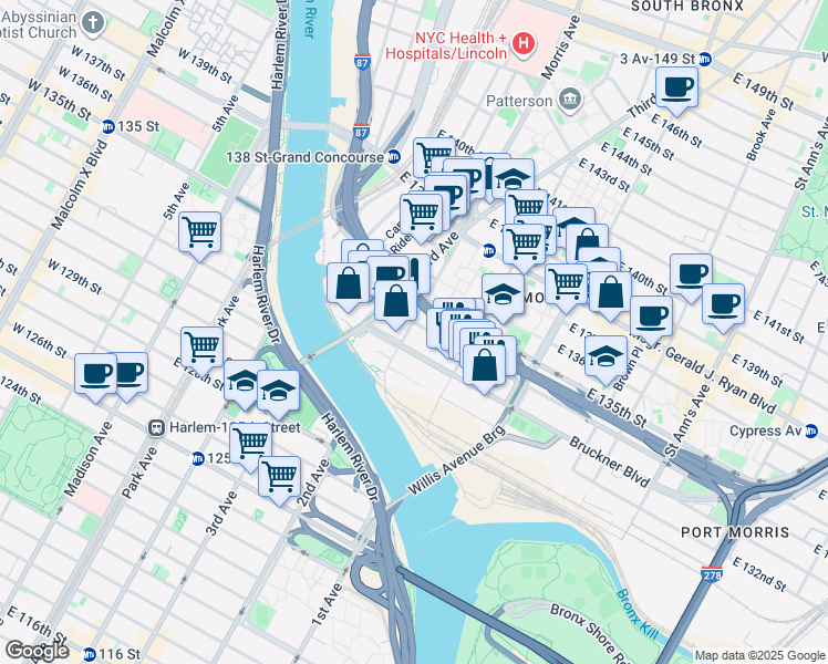 map of restaurants, bars, coffee shops, grocery stores, and more near 20 Bruckner Boulevard in Bronx