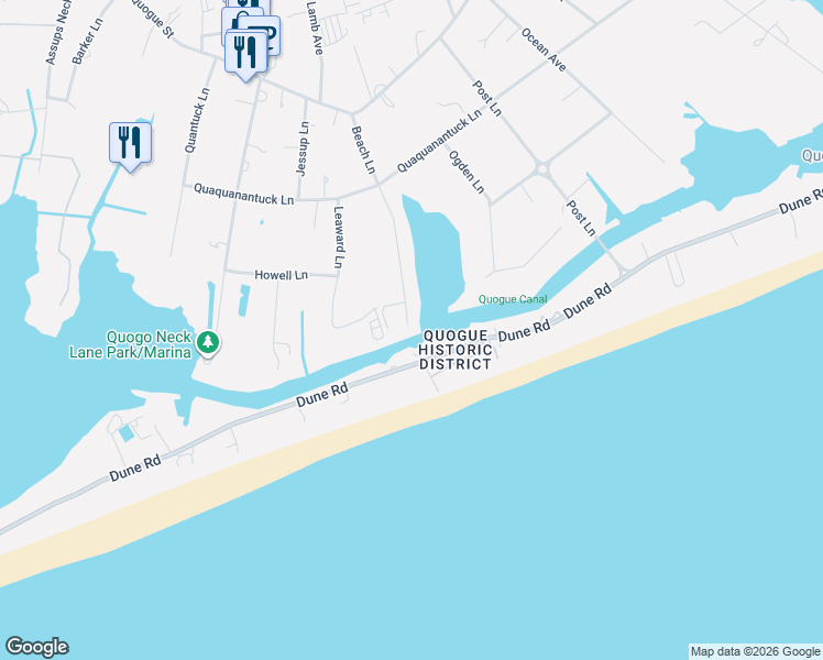 map of restaurants, bars, coffee shops, grocery stores, and more near 55 Beach Lane in Quogue