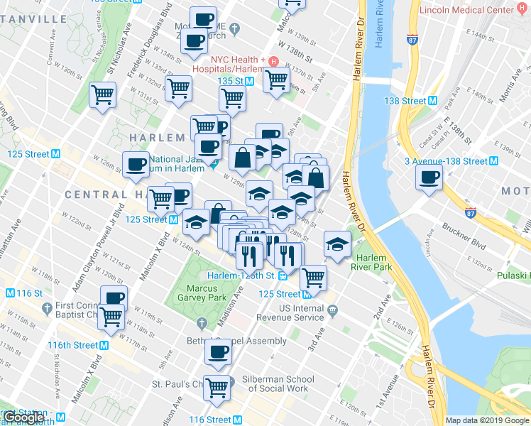 map of restaurants, bars, coffee shops, grocery stores, and more near 2006 Madison Avenue in New York