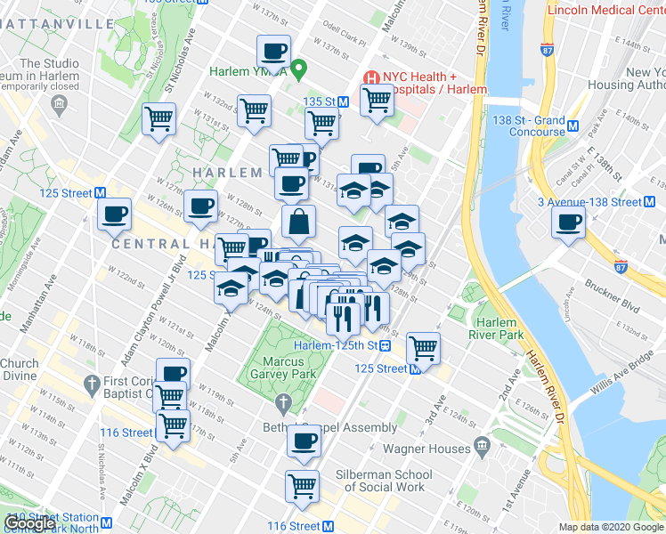 map of restaurants, bars, coffee shops, grocery stores, and more near 2 East 127th Street in New York