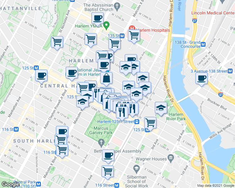 map of restaurants, bars, coffee shops, grocery stores, and more near 2 East 127th Street in New York