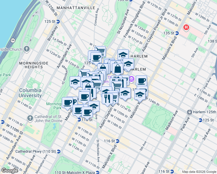 map of restaurants, bars, coffee shops, grocery stores, and more near 234 West 122nd Street in New York
