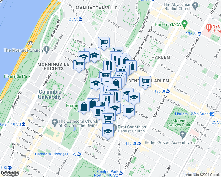 map of restaurants, bars, coffee shops, grocery stores, and more near 315 West 120th Street in New York