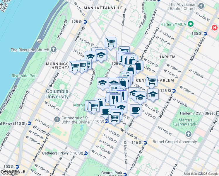 map of restaurants, bars, coffee shops, grocery stores, and more near 315 West 120th Street in New York