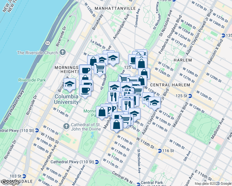 map of restaurants, bars, coffee shops, grocery stores, and more near 50 Morningside Avenue in New York