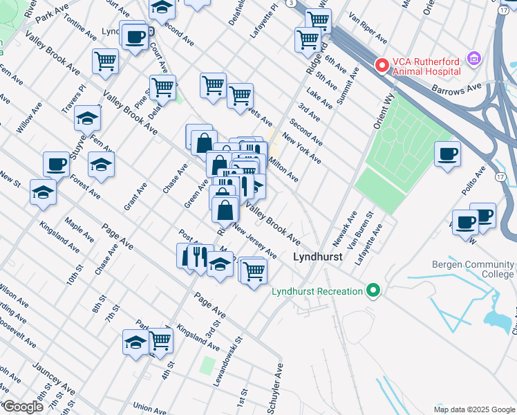 map of restaurants, bars, coffee shops, grocery stores, and more near 620 Valley Brook Avenue in Lyndhurst
