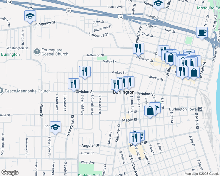 map of restaurants, bars, coffee shops, grocery stores, and more near 1205 Division St in Burlington