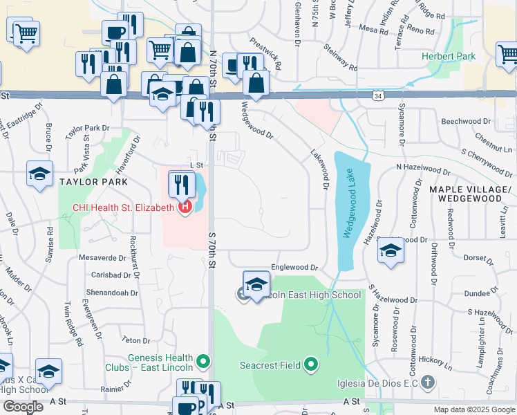 map of restaurants, bars, coffee shops, grocery stores, and more near 7150 South Wedgewood Drive in Lincoln