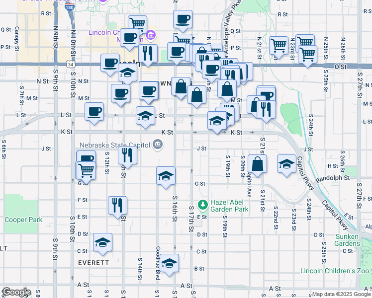 map of restaurants, bars, coffee shops, grocery stores, and more near 1630 H Street in Lincoln