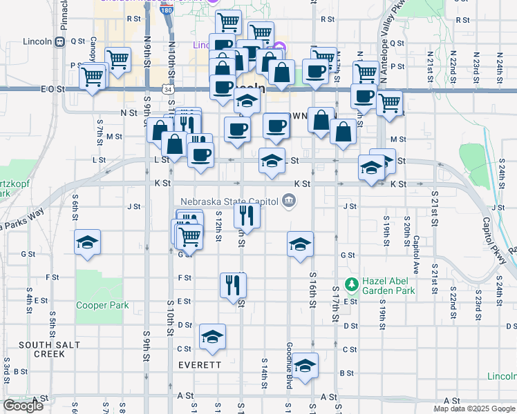 map of restaurants, bars, coffee shops, grocery stores, and more near 1312 H Street in Lincoln